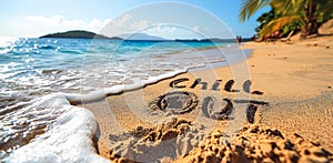 Relaxing summer vibes, Chill Out message handwritten in the sand on a serene beach, with gentle waves lapping at the shore