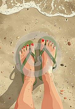 Relaxing Summer Vibes: Flip-Flops and Sandy Beach Perspective Illustration