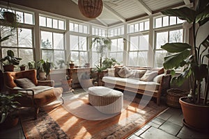 Relaxing sunroom with plenty of natural sun light, comfortable sofas, plants. AI generated.