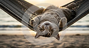 Relaxing Tabby Cat Sleeping in Hammock at Sunset by the Beach