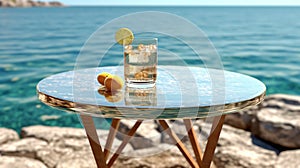 Relaxing table against tranquil summer sea ambiance.