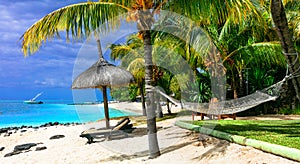Relaxing tropical holidays with beach chairs and hammock. Mauritius island