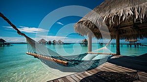 Relaxing tropical island getaway. hammock between palm trees by the crystal blue sea