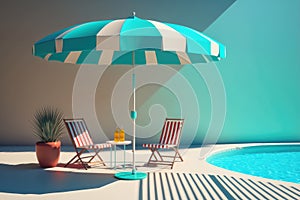 Relaxing tropical swimming pool and beach chairs in blue tones. AI Generation