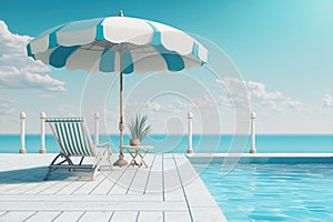 Relaxing tropical swimming pool and beach chairs in blue tones. AI Generation