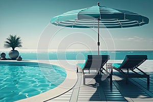 Relaxing tropical swimming pool and beach chairs in blue tones. AI Generation