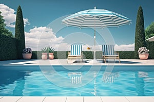 Relaxing tropical swimming pool and beach chairs in blue tones. AI Generation