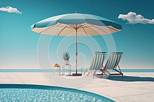 Relaxing tropical swimming pool and beach chairs in blue tones. AI Generation