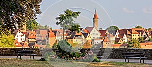 Relaxing view of Castle Garden, Burggarten; and view of old town, Rothenburg ob der Tauber, Germany