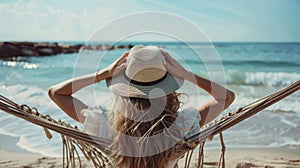 Relaxing woman in hammock by the beach