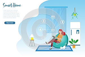 Relaxing woman using digital tablet control smart home devices. Intelligent home technology online connecting home electronics