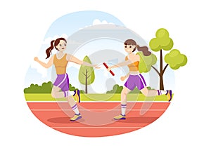 Relay Race Illustration by Passing the Baton to Teammates Until Reaching the Finish Line in a Sports Championship Flat Cartoon