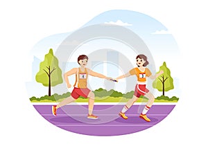 Relay Race Illustration by Passing the Baton to Teammates Until Reaching the Finish Line in a Sports Championship Flat Cartoon