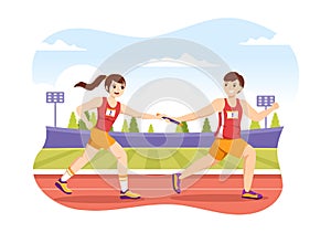 Relay Race Illustration by Passing the Baton to Teammates Until Reaching the Finish Line in a Sports Championship Flat Cartoon