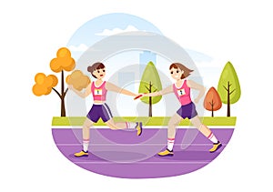Relay Race Illustration by Passing the Baton to Teammates Until Reaching the Finish Line in a Sports Championship Flat Cartoon