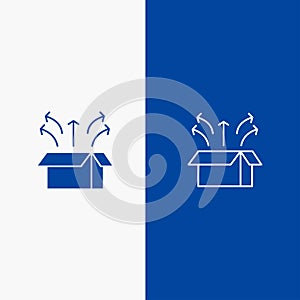 Release, Box, Launch, Open Box, Product Line and Glyph Solid icon Blue banner Line and Glyph Solid icon Blue banner