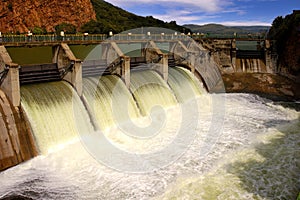 Release of water at a dam wall.