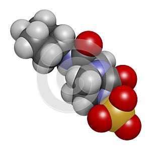 Relebactam drug molecule. Beta-lactamase inhibitor that is adminstered with beta-lactam antibiotics. 3D rendering. Atoms are