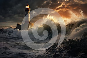 Relentless Sea storm lighthouse. Generate Ai