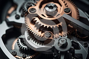 Reliable industrial mechanical gears macro cogs inside clock in motion in structured well-organized connected watch