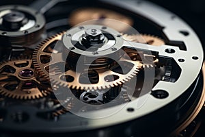 Reliable industrial mechanical gears macro cogs inside clock in motion in structured well-organized connected watch
