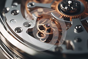 Reliable industrial mechanical gears macro cogs inside clock in motion in structured well-organized connected watch