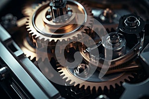 Reliable industrial mechanical gears macro cogs inside clock in motion in structured well-organized connected watch