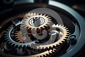 Reliable industrial mechanical gears macro cogs inside clock in motion in structured well-organized connected watch