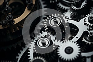 Reliable industrial mechanical gears macro cogs inside clock in motion in structured well-organized connected watch