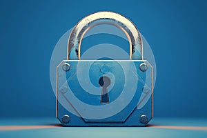 Reliable security 3D blue metal padlock on monochrome background, isolated