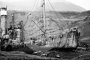 Whaling ship Petrel on the shore of Whaling station Grytviken in South Georgia