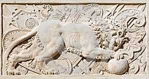Relief with figure of Lion at entance of HÃÂ´tel Carnavalet in Paris, France photo