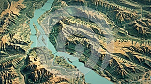 Relief map illustrates mountains and rivers, representing topography and cartography concepts. Ai Generated