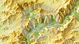 Relief map illustrates mountains and rivers, representing topography and cartography concepts. Ai Generated