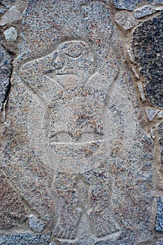 Relief representing warriors, perpetrators of the sacrifices at archaeological complex Sechin near Casma