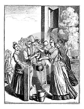 Relief soup, in Paris, during the famine of 1709, vintage engraving