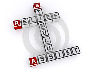 relief stimulus assisst word block on white photo