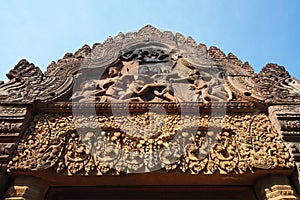 Reliefs in Banteay Srei in Siem Reap, Cambodia