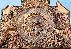 Reliefs in Banteay Srei in Siem Reap, Cambodia