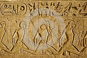 Reliefs and hieroglyphics at Abu Simbel, Egypt