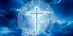 Religion banner with Christian cross appears bright in blue sky background with sunny light