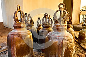 Religion, Buddhism. Closeup Prayer Bells In Buddhist Temple Of T