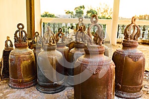 Religion, Buddhism. Closeup Prayer Bells In Buddhist Temple Of T