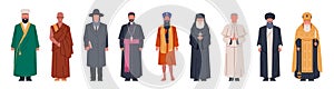 Religion characters. Clergymen from different confessions in special attire, christian and muslim, islam and buddhism