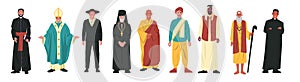 Religion characters. Different religious church leaders, buddhist monk christian priest rabbi judaist muslim mullah photo