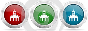 Religion, church vector icon set. Red, blue and green silver metallic web buttons with chrome border