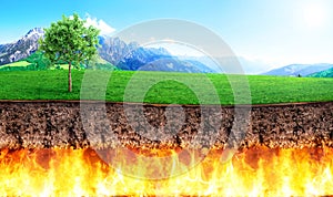 Religion concept. Slice of ground bark separate hell and paradise. Concept of global warming.