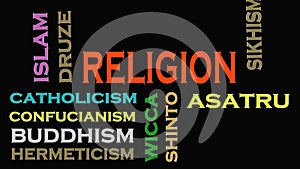 Religion concept word cloud on black background. Footage animation 4K