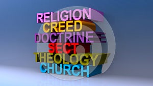 Religion creed doctrine sect theology church on blue photo