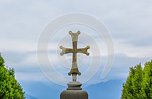 Religion cross sign and symbols symmetry simple wallpaper pattern concept photography on gray sky background with empty copy space